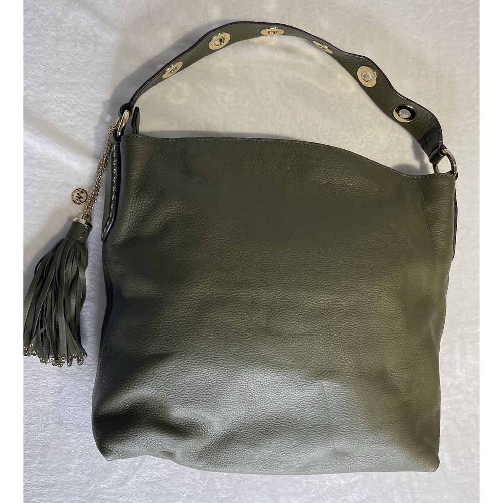 Michael Kors Brooklyn Large Leather Shoulder Handbag Purse Olive Army Green Bag - Picture 2 of 16